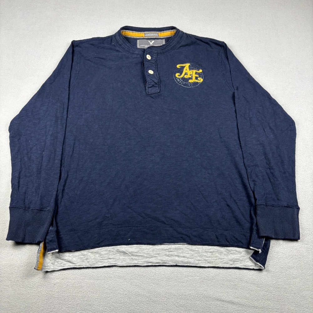 American Eagle Mens XXL Navy Blue Henley Vintage Fit Long Sleeve Logo Shirt
